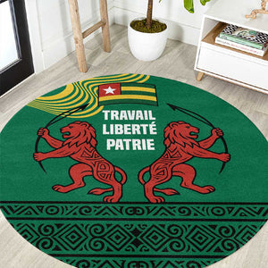 Togo Round Carpet - Red Twin Lions and Travail Liberté Patrie Slogan