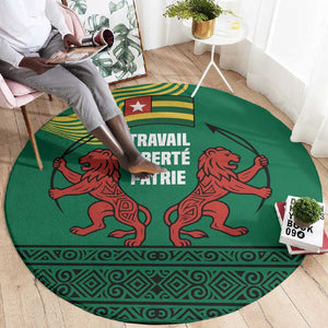 Togo Round Carpet - Red Twin Lions and Travail Liberté Patrie Slogan