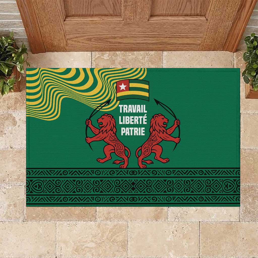 Togo Rubber Doormat - Red Twin Lions and Travail Liberté Patrie Slogan