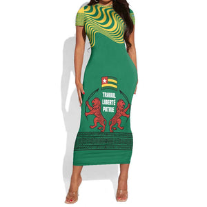 Togo Short Sleeve Bodycon Dress - Red Twin Lions and Travail Liberté Patrie Slogan