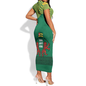 Togo Short Sleeve Bodycon Dress - Red Twin Lions and Travail Liberté Patrie Slogan