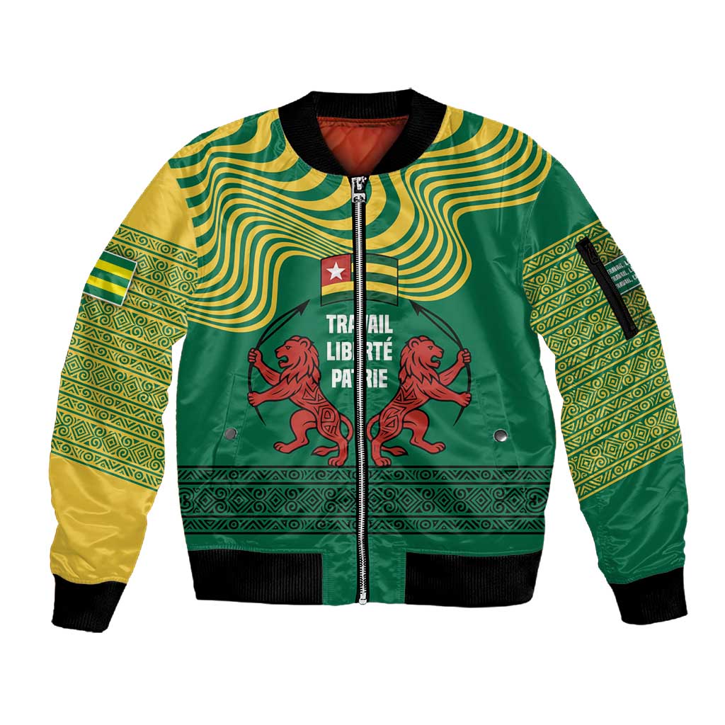 Togo Sleeve Zip Bomber Jacket - Red Twin Lions and Travail Liberté Patrie Slogan