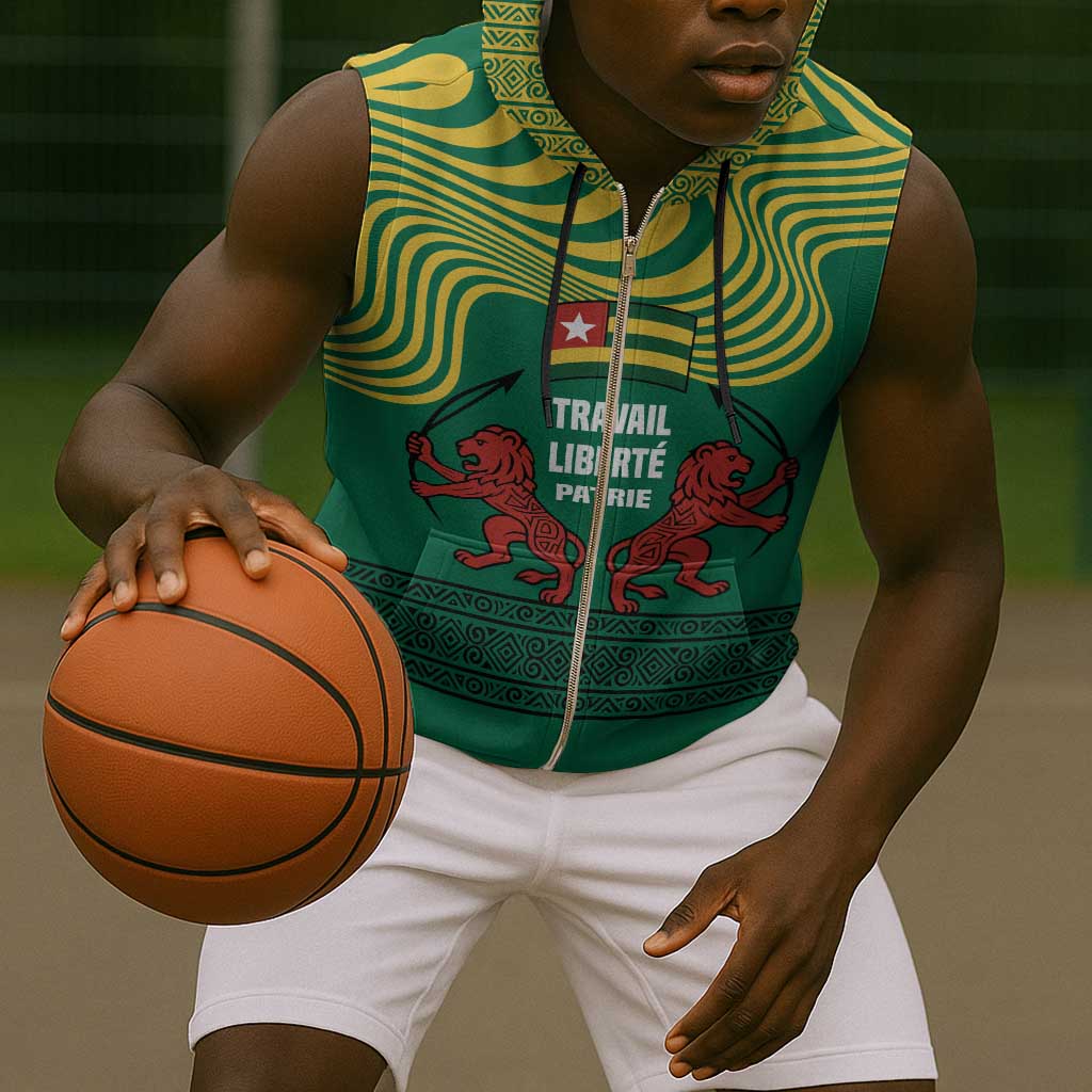 Togo Sleeveless Zip Hoodie - Red Twin Lions and Travail Liberté Patrie Slogan - African Pride
