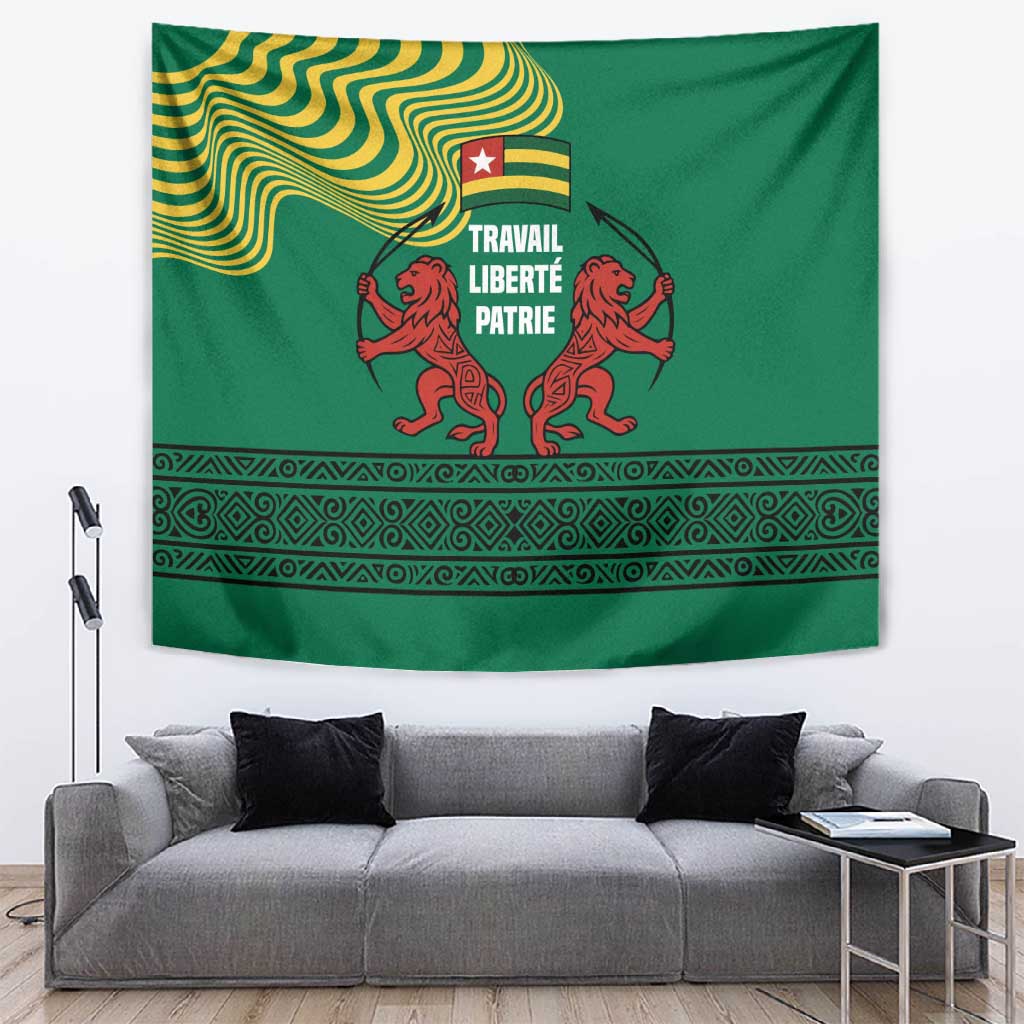 Togo Tapestry - Red Twin Lions and Travail Liberté Patrie Slogan