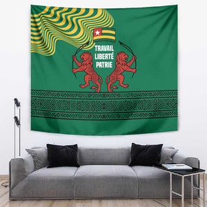 Togo Tapestry - Red Twin Lions and Travail Liberté Patrie Slogan