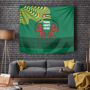 Togo Tapestry - Red Twin Lions and Travail Liberté Patrie Slogan