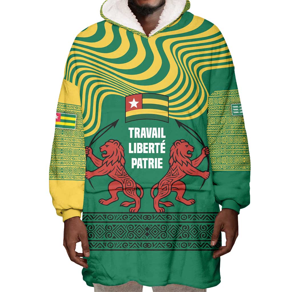 Togo Wearable Blanket Hoodie - Red Twin Lions and Travail Liberté Patrie Slogan
