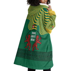 Togo Wearable Blanket Hoodie - Red Twin Lions and Travail Liberté Patrie Slogan