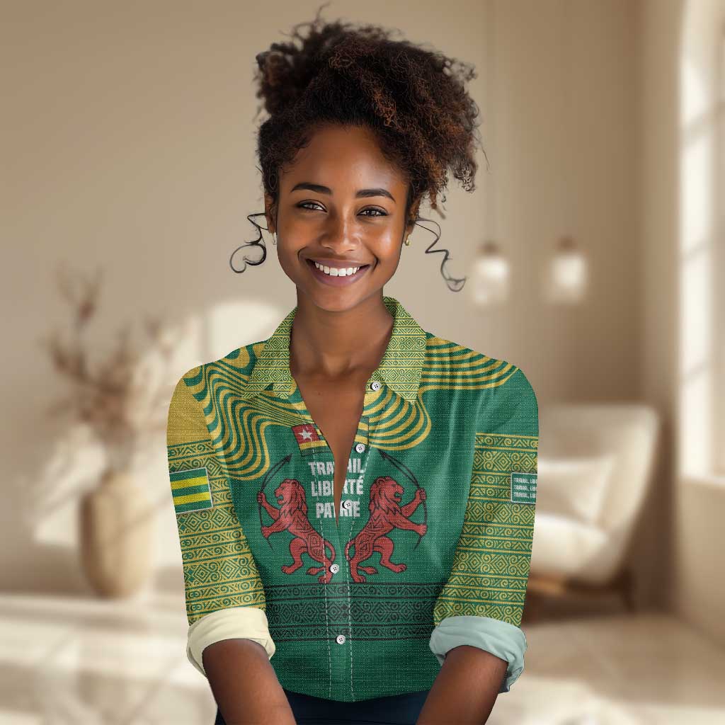 Togo Women Casual Shirt - Red Twin Lions and Travail Liberté Patrie Slogan