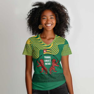Togo Women V-Neck T-Shirt - Red Twin Lions and Travail Liberté Patrie Slogan
