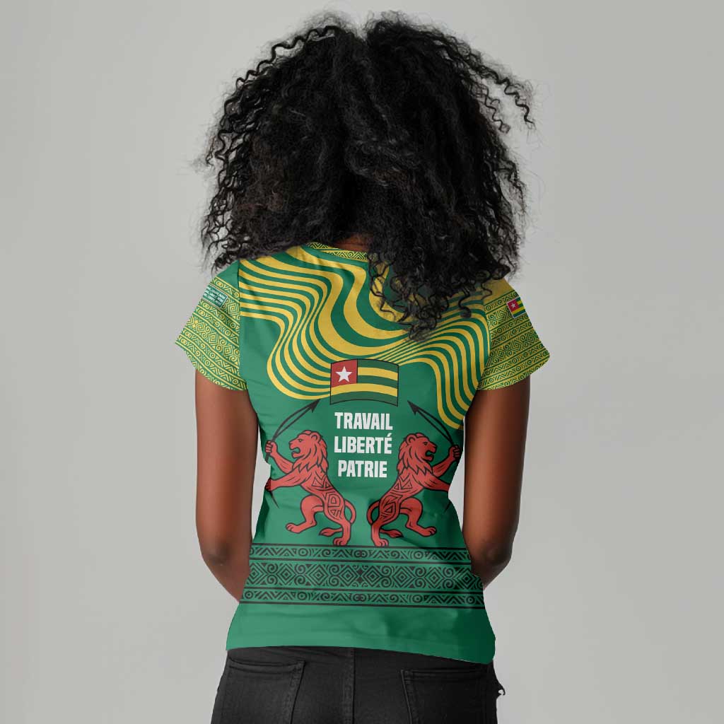 Togo Women V-Neck T-Shirt - Red Twin Lions and Travail Liberté Patrie Slogan