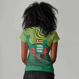Togo Women V-Neck T-Shirt - Red Twin Lions and Travail Liberté Patrie Slogan