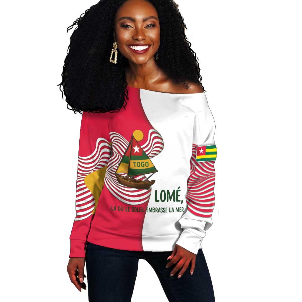Lome Togo Off Shoulder Sweater - Sailboat and Sunset – Where the Sun Kisses the Sea