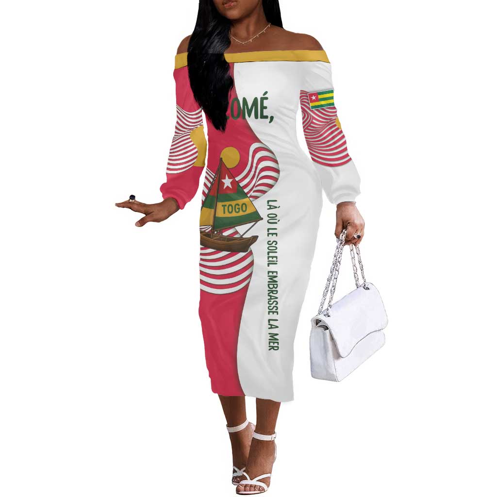 Lome Togo Off The Shoulder Long Sleeve Dress - Sailboat and Sunset – Where the Sun Kisses the Sea