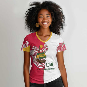Lome Togo Women V-Neck T-Shirt - Sailboat and Sunset – Where the Sun Kisses the Sea
