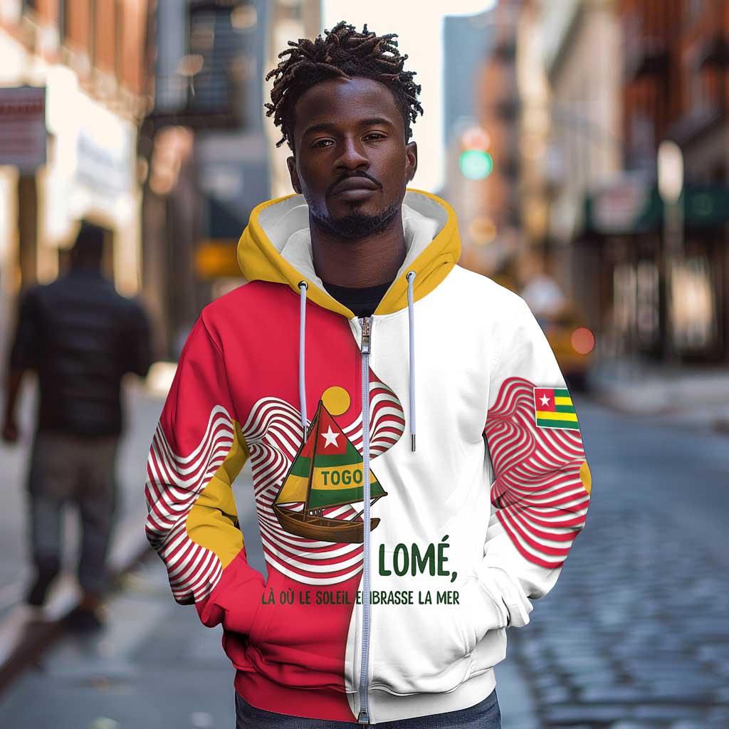 Lome Togo Zip Hoodie - Sailboat and Sunset – Where the Sun Kisses the Sea
