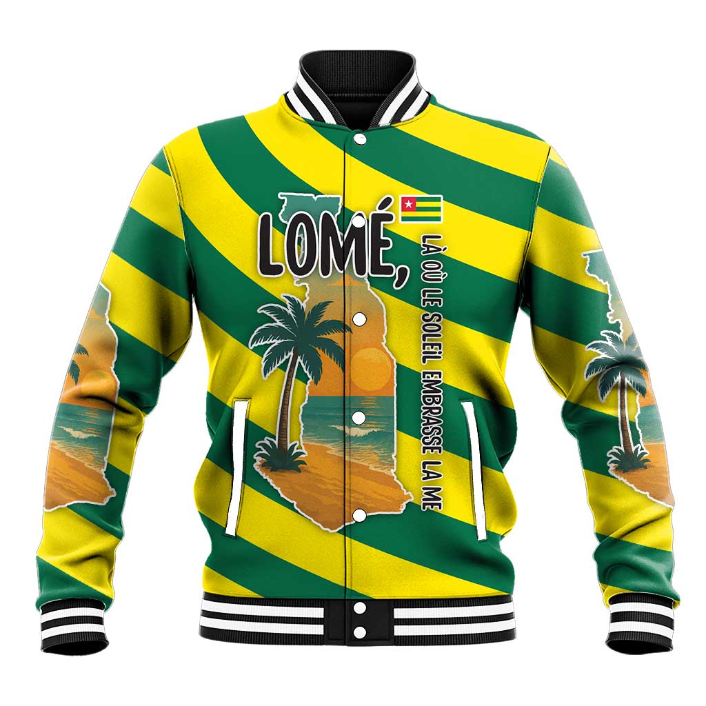Lome Togo Sunset Baseball Jacket - Palm Trees and Ocean Embrace Design