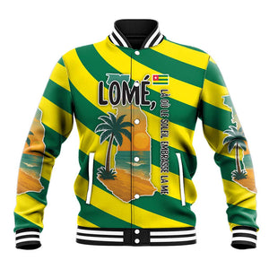 Lome Togo Sunset Baseball Jacket - Palm Trees and Ocean Embrace Design