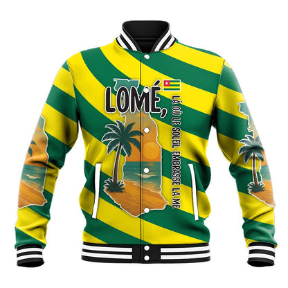 Lome Togo Sunset Baseball Jacket - Palm Trees and Ocean Embrace Design