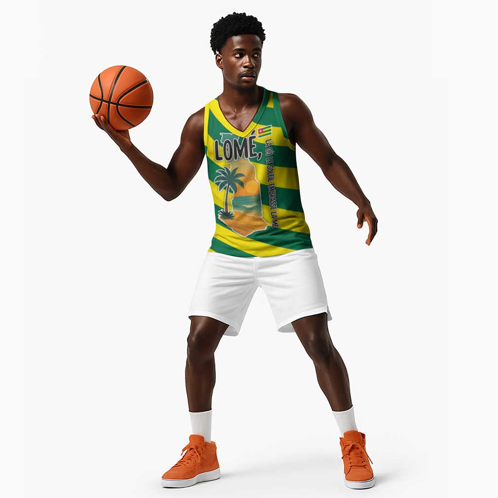 Lome Togo Sunset Basketball Jersey - Palm Trees and Ocean Embrace Design - African Pride