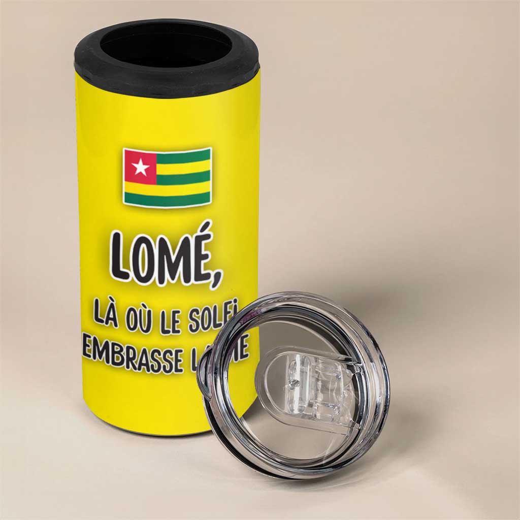 Lome Togo Sunset 4 in 1 Can Cooler Tumbler - Palm Trees and Ocean Embrace Design