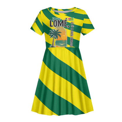 Lome Togo Sunset Kid Short Sleeve Dress - Palm Trees and Ocean Embrace Design