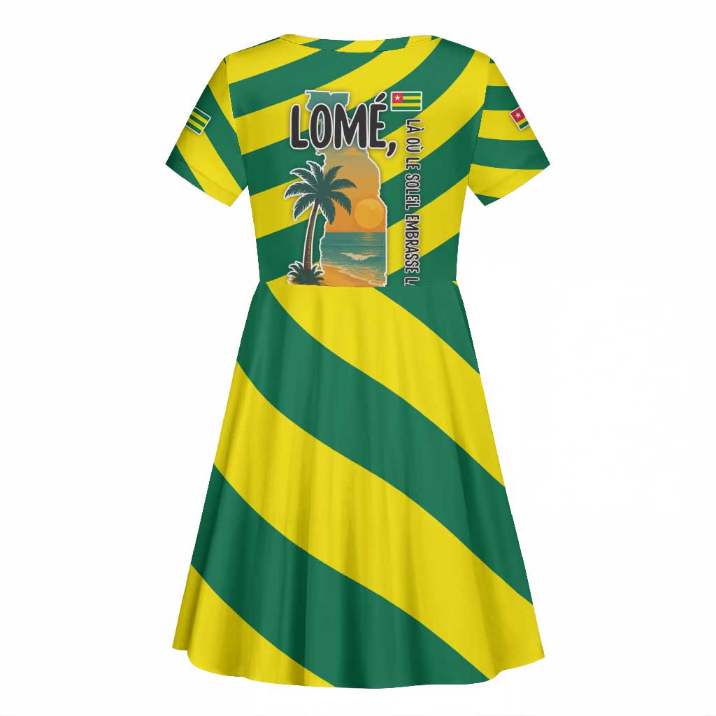 Lome Togo Sunset Kid Short Sleeve Dress - Palm Trees and Ocean Embrace Design