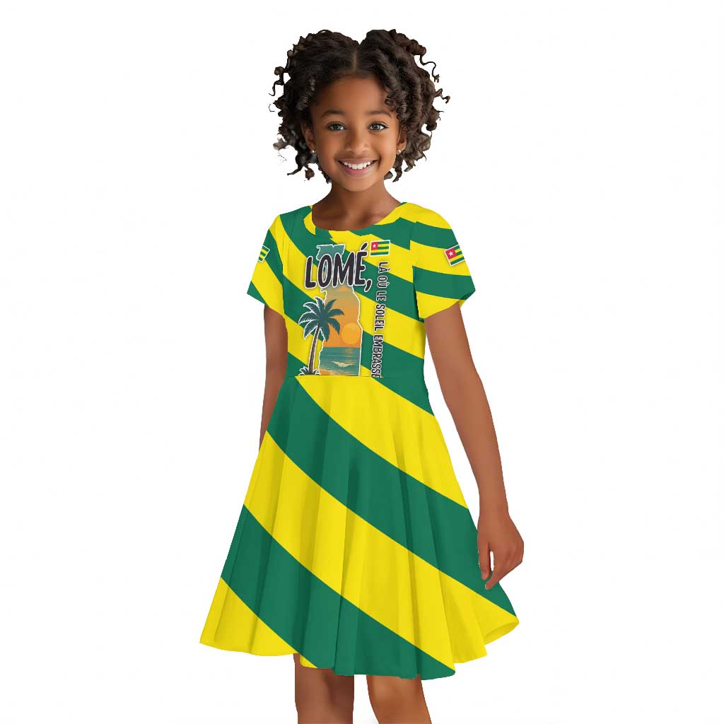 Lome Togo Sunset Kid Short Sleeve Dress - Palm Trees and Ocean Embrace Design