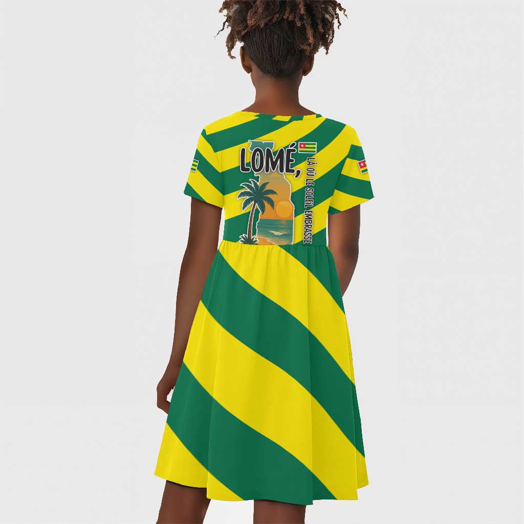 Lome Togo Sunset Kid Short Sleeve Dress - Palm Trees and Ocean Embrace Design