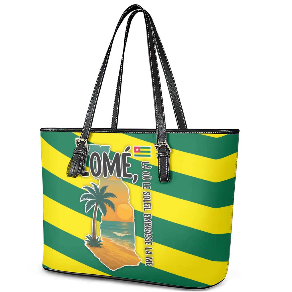 Lome Togo Sunset Leather Tote Bag - Palm Trees and Ocean Embrace Design
