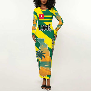 Lome Togo Sunset Long Sleeve Bodycon Dress - Palm Trees and Ocean Embrace Design