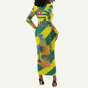 Lome Togo Sunset Long Sleeve Bodycon Dress - Palm Trees and Ocean Embrace Design