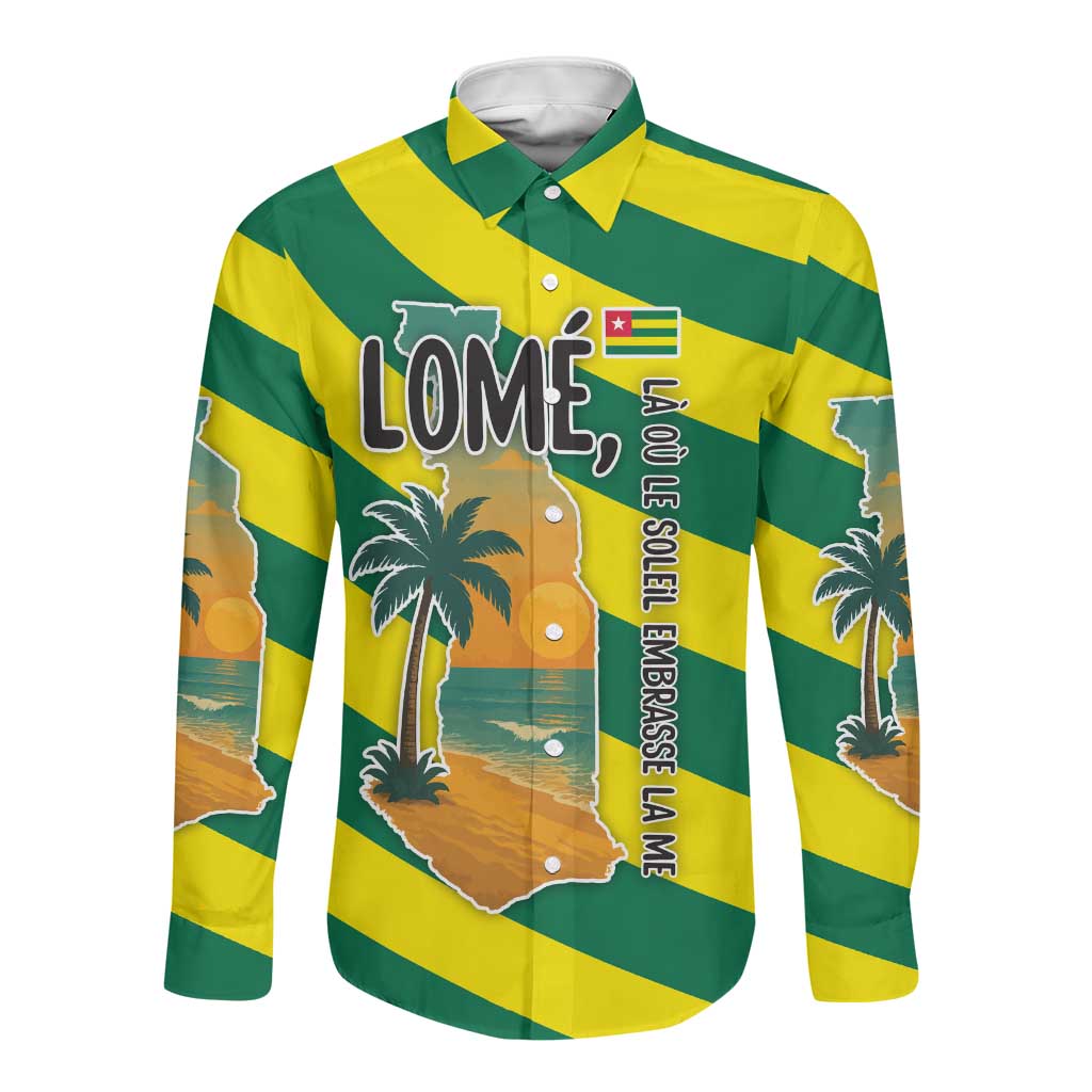 Lome Togo Sunset Long Sleeve Button Shirt - Palm Trees and Ocean Embrace Design