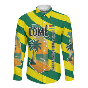 Lome Togo Sunset Long Sleeve Button Shirt - Palm Trees and Ocean Embrace Design