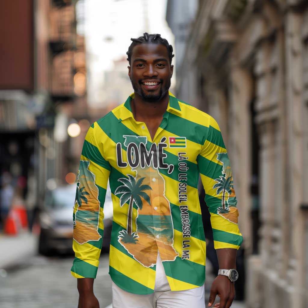 Lome Togo Sunset Long Sleeve Button Shirt - Palm Trees and Ocean Embrace Design