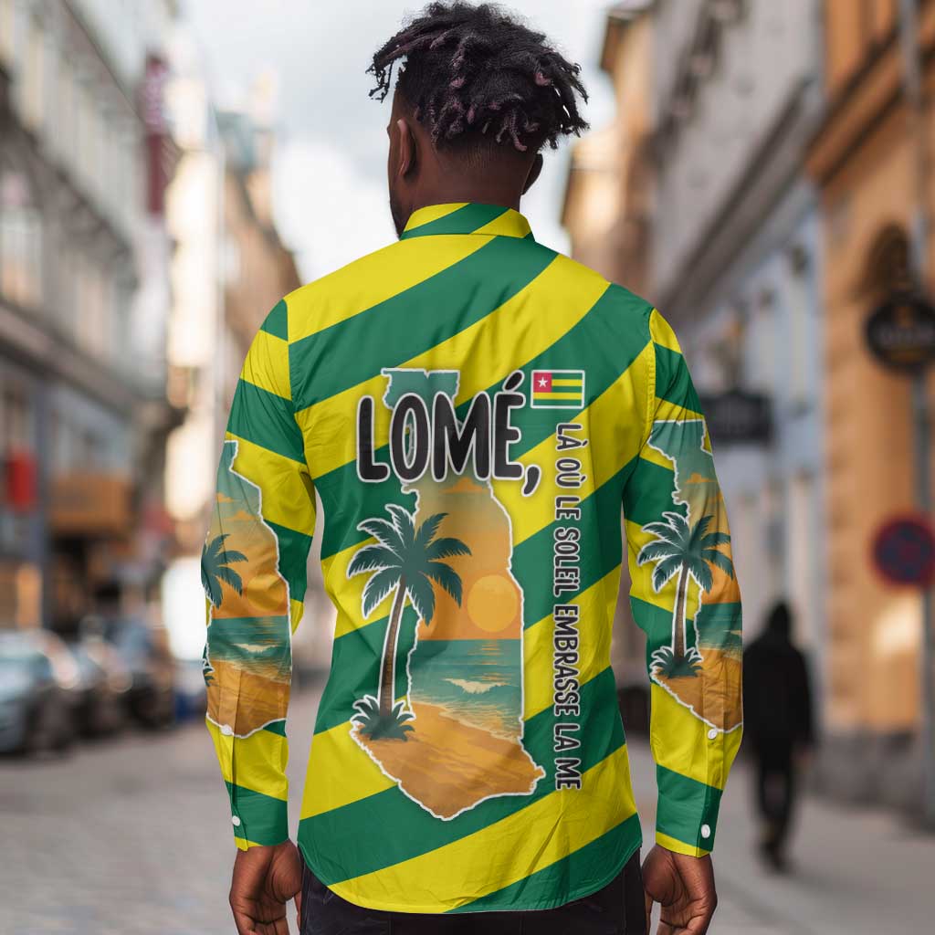 Lome Togo Sunset Long Sleeve Button Shirt - Palm Trees and Ocean Embrace Design