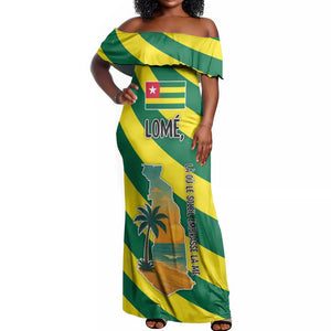 Lome Togo Sunset Off Shoulder Maxi Dress - Palm Trees and Ocean Embrace Design