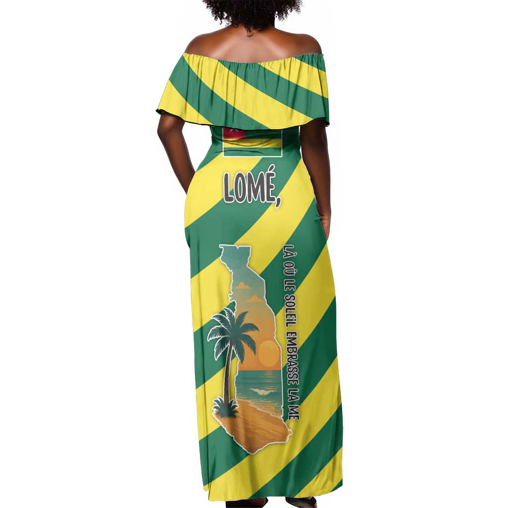 Lome Togo Sunset Off Shoulder Maxi Dress - Palm Trees and Ocean Embrace Design