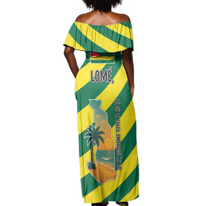 Lome Togo Sunset Off Shoulder Maxi Dress - Palm Trees and Ocean Embrace Design