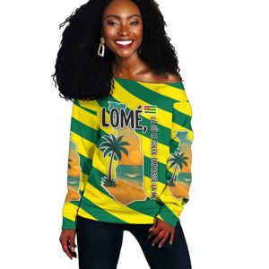 Lome Togo Sunset Off Shoulder Sweater - Palm Trees and Ocean Embrace Design