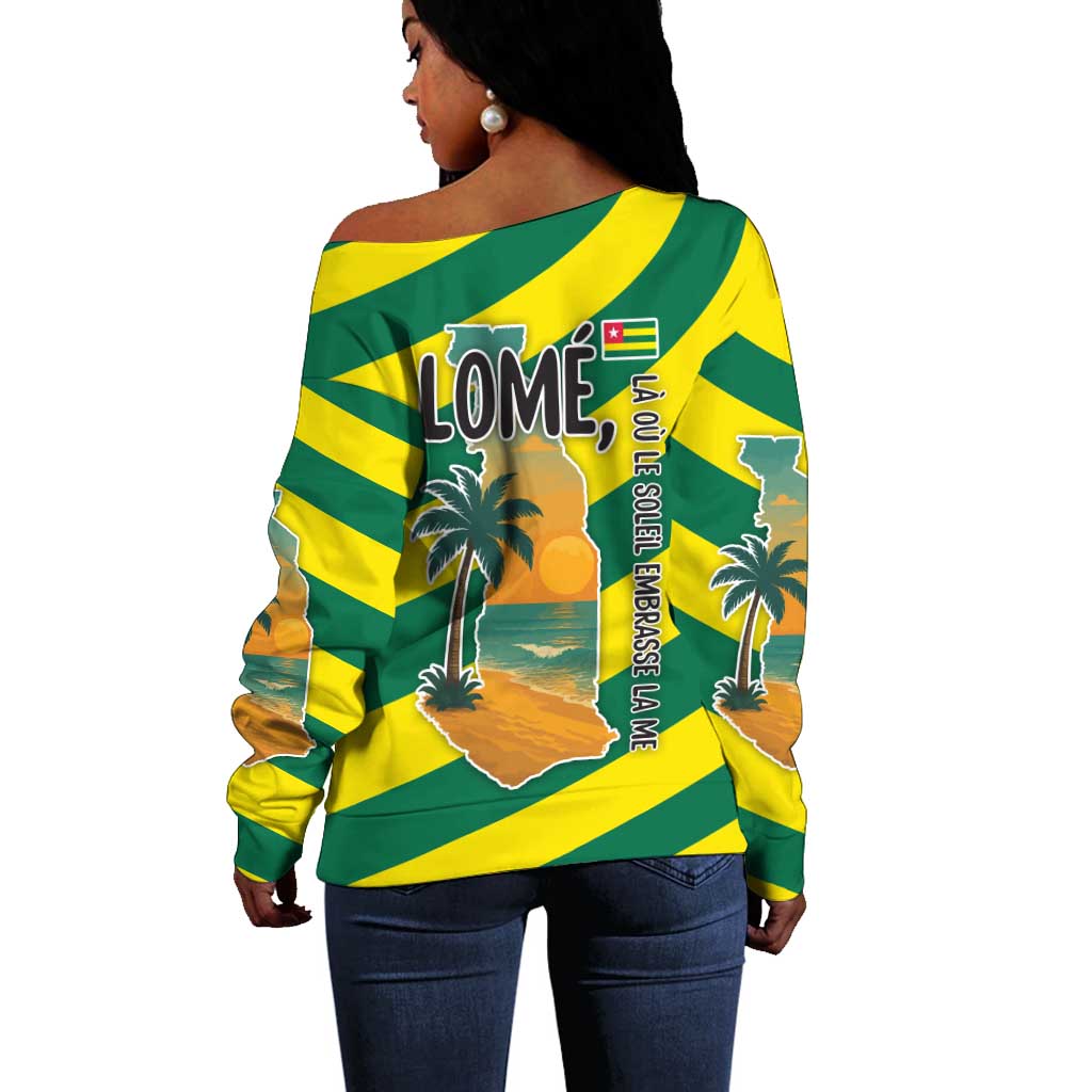 Lome Togo Sunset Off Shoulder Sweater - Palm Trees and Ocean Embrace Design