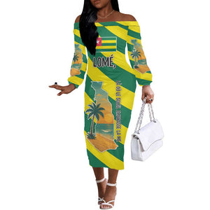 Lome Togo Sunset Off The Shoulder Long Sleeve Dress - Palm Trees and Ocean Embrace Design