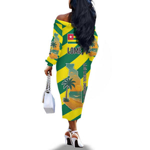 Lome Togo Sunset Off The Shoulder Long Sleeve Dress - Palm Trees and Ocean Embrace Design