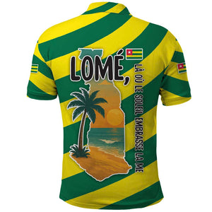 Lome Togo Sunset Polo Shirt - Palm Trees and Ocean Embrace Design