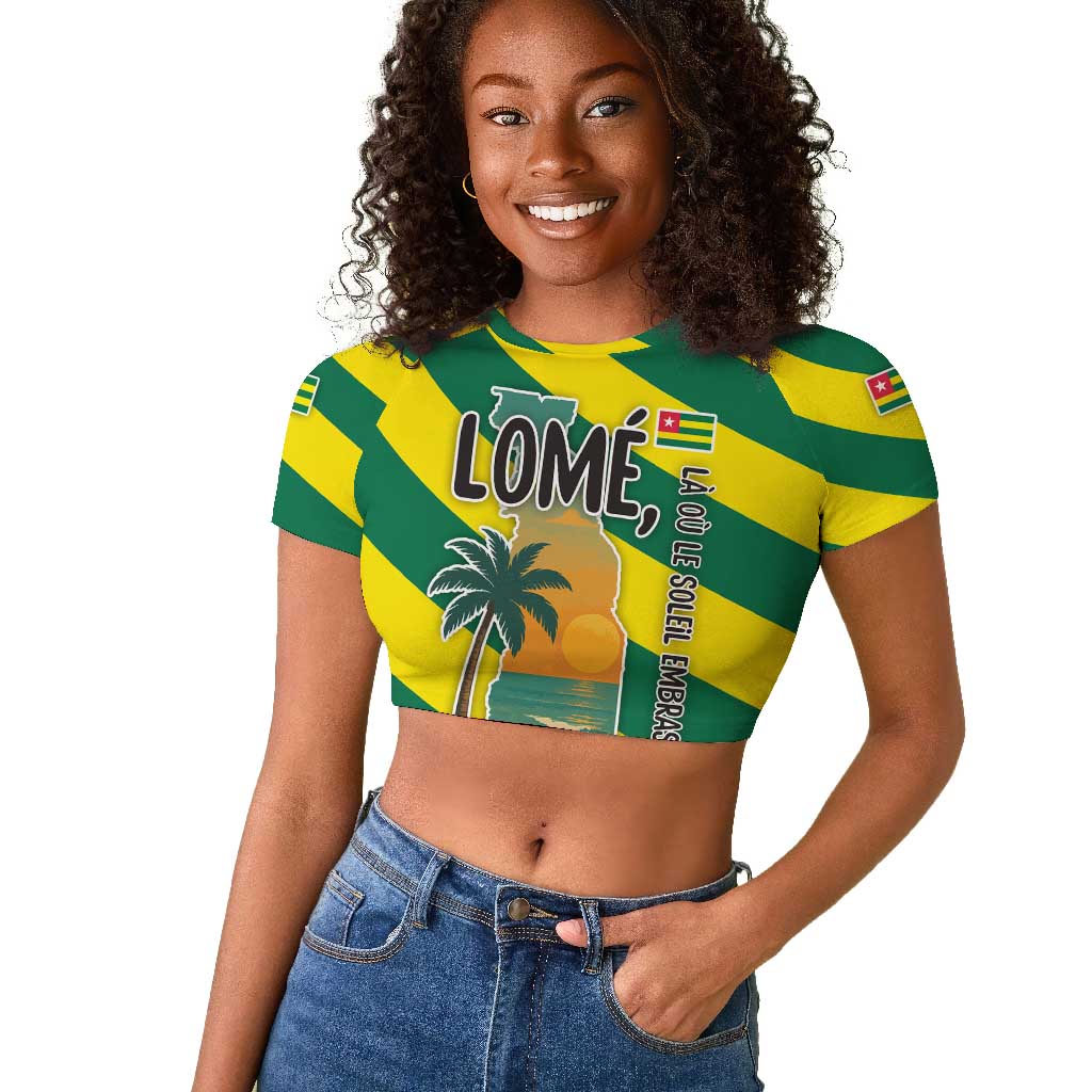 Lome Togo Sunset Raglan Cropped T shirt - Palm Trees and Ocean Embrace Design
