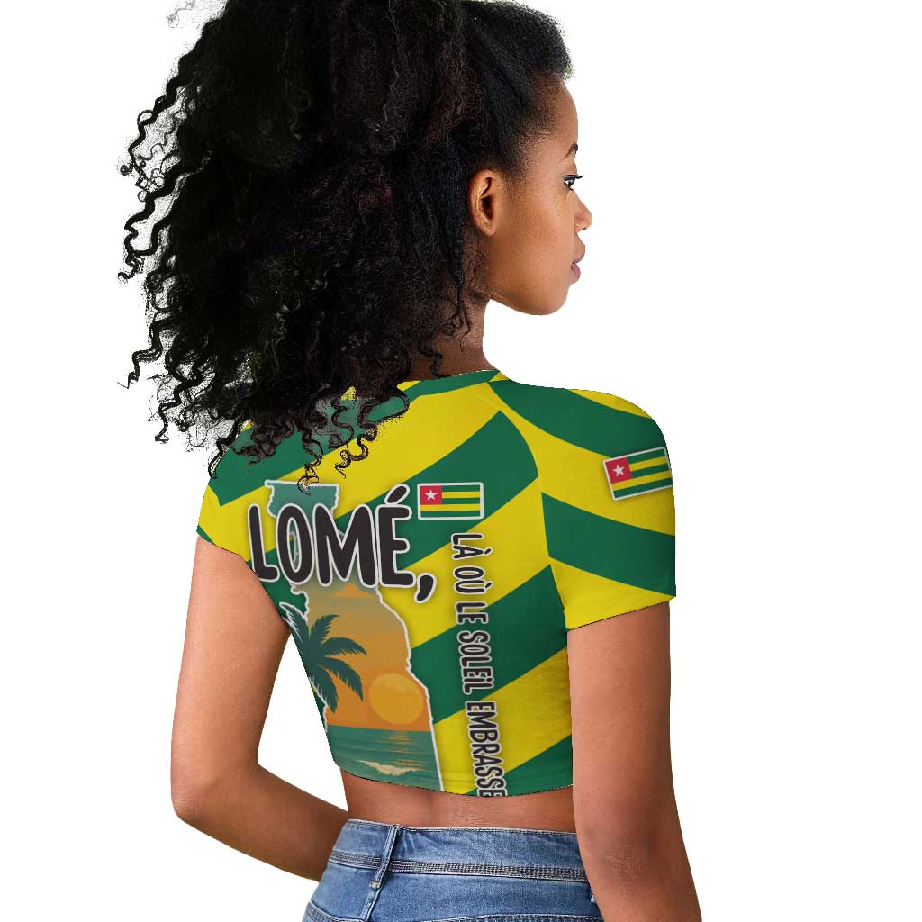 Lome Togo Sunset Raglan Cropped T shirt - Palm Trees and Ocean Embrace Design
