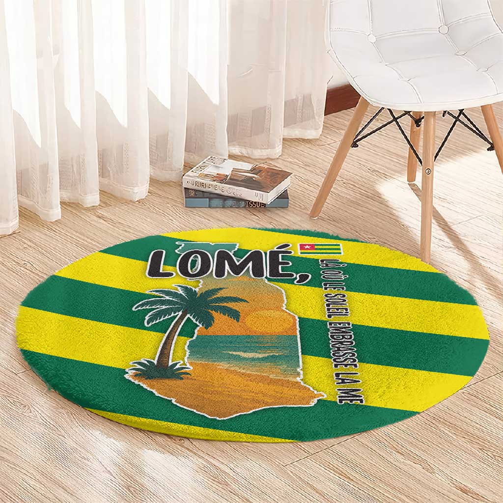 Lome Togo Sunset Round Carpet - Palm Trees and Ocean Embrace Design