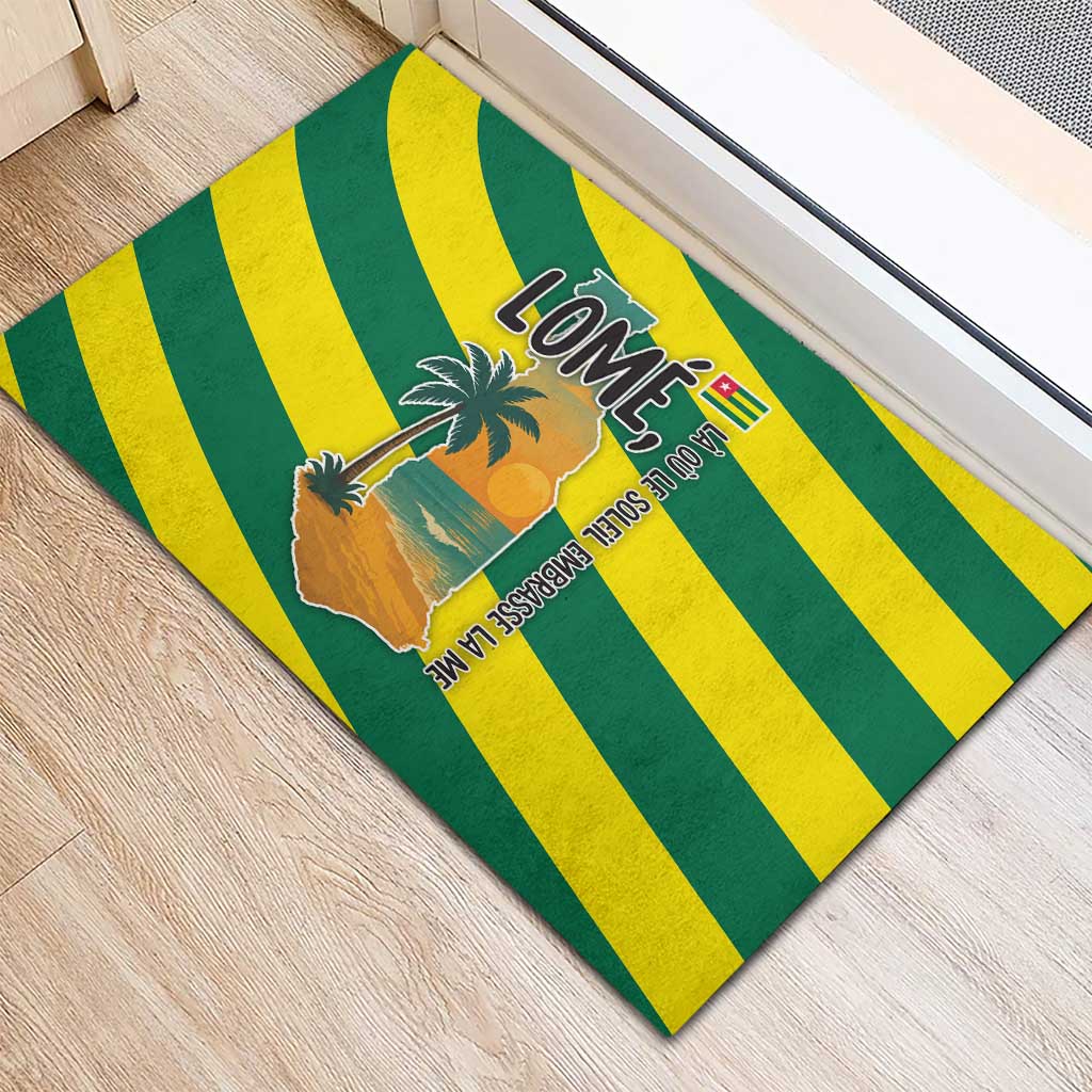 Lome Togo Sunset Rubber Doormat - Palm Trees and Ocean Embrace Design