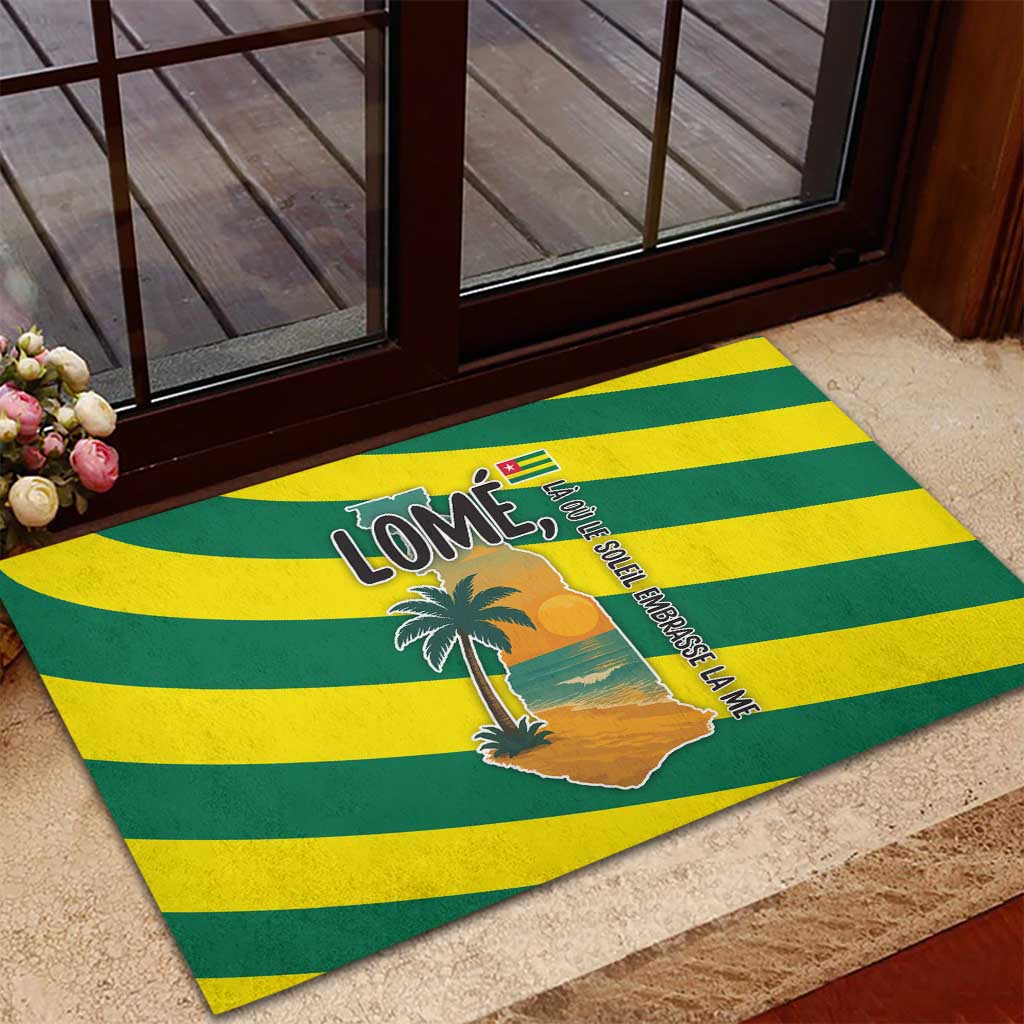 Lome Togo Sunset Rubber Doormat - Palm Trees and Ocean Embrace Design