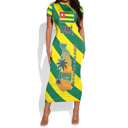 Lome Togo Sunset Short Sleeve Bodycon Dress - Palm Trees and Ocean Embrace Design